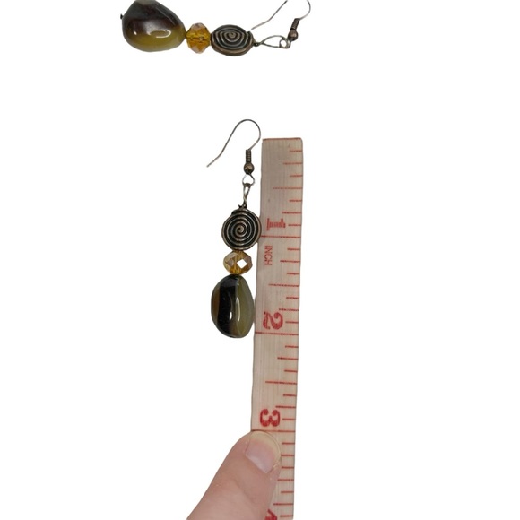 Natural Stone & Antiqued Brass Swirl Amber Faceted Bead Dangle Pierced Earrings - Picture 8 of 8